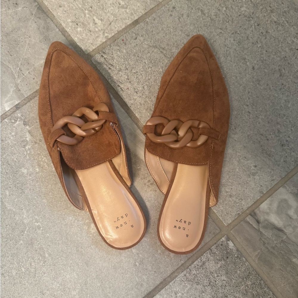 A New Day Brown Suede Chain Mules